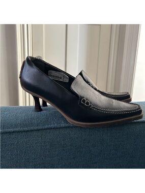 Italian Black Leather Kitten Heel Loafers